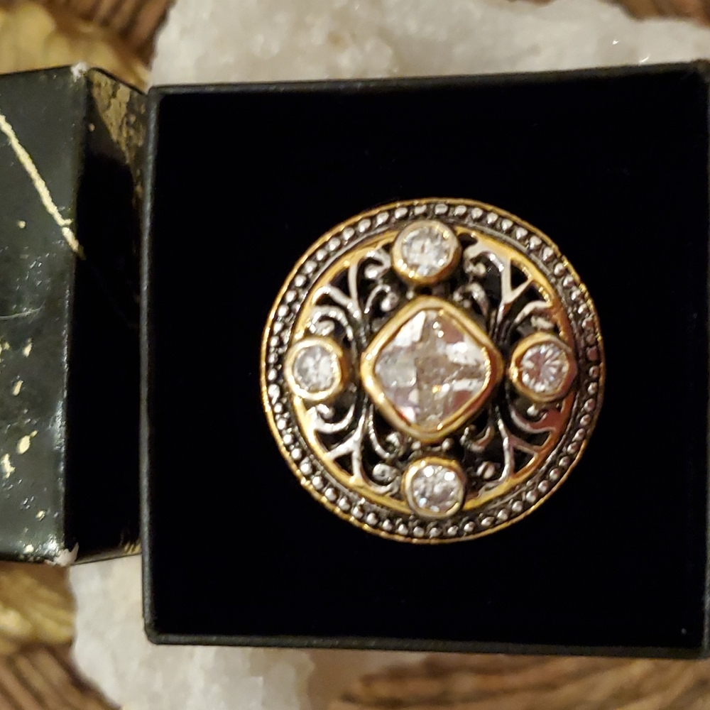 Premier Designs Legacy  Scrolled gold/silver-toned w/Crystals sz 7 3/4 Ring